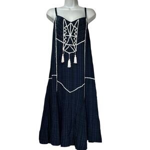 JMM Beaded Silk Maxi Dress Navy Blue Women’s Size M Boho Tassel Spaghetti Strap